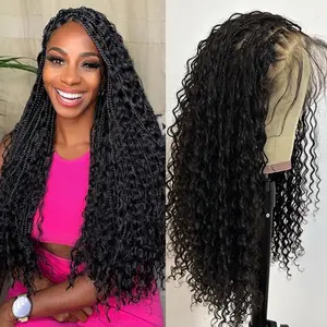 Boho Box Braids Wig Full Lace wig Human Hair Braided Wig Square Parted Knotless Braided Wigs for Black Women with Natural Baby Hair