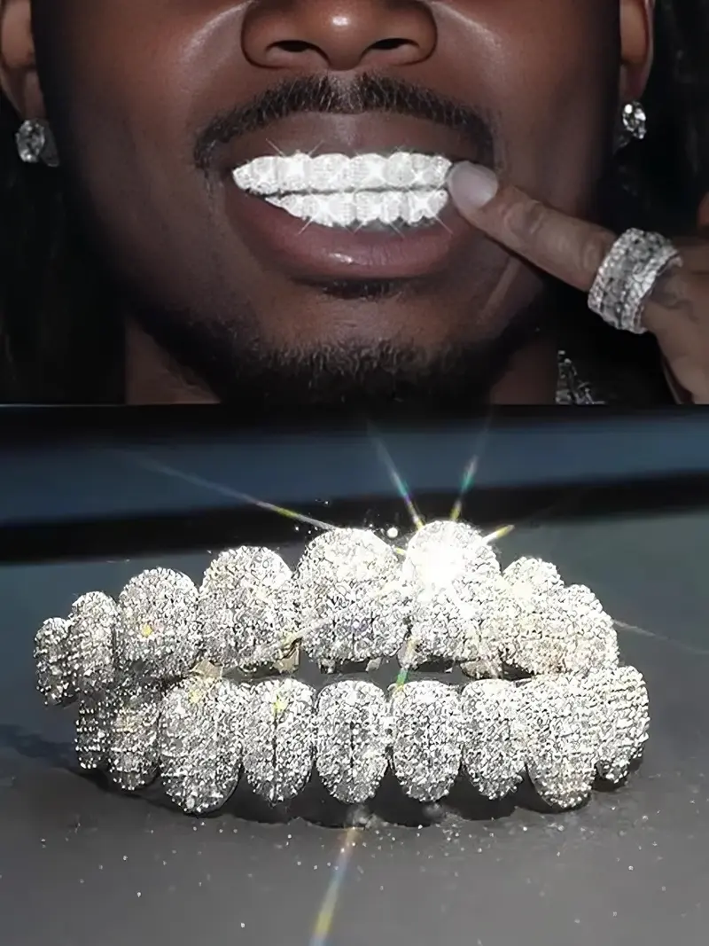 Hiphop Gold Grillz Full Diamond Teeth Grills Rapper Style Streetwear Trendy Personalized Jewelry Real Gold Plated Resin Material Tooth Gem
