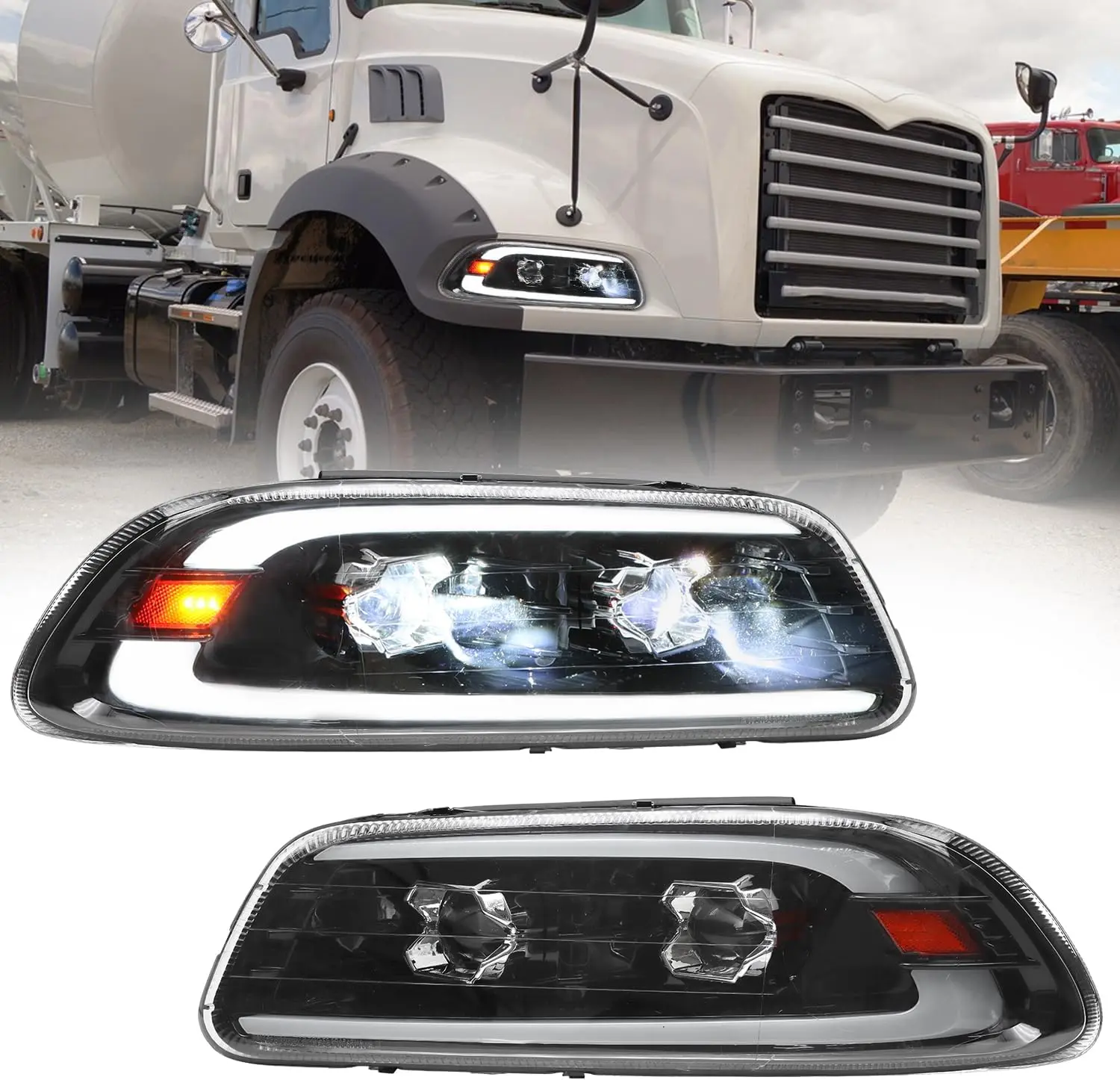 Pair LED DRL Projector Headlight Assembly Black Housing Clear Lens Left Driver & Right Passenger Side for 1998-2018 Mack CX CXN CXU GU GU4 GU5 GU7 GU8 CTP CT713 Replaces 21836340 21836341