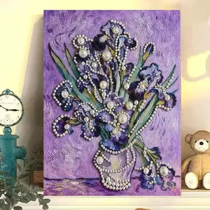 Exquisite Iris Blooms Shimmer Bead Mosaic DIY Art Set, Thick Textured Canvas Paint by Numbers Craft, Sophisticated Floral Wall Accent for Interior Styling & Thoughtful Keepsake Gifts