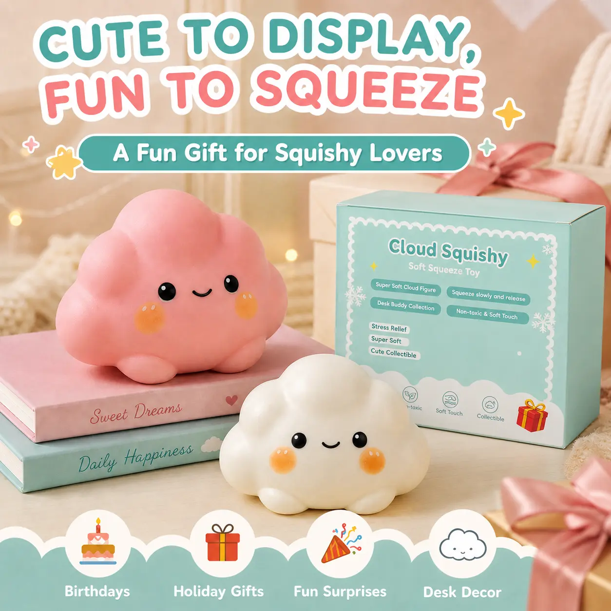 Cloud Squishy Toy, Super Soft Shaving Cream-Filled Stress Relief Squeeze Fidget Toy, Cute Kawaii Sensory Desk Toy in Pink or White, DIY