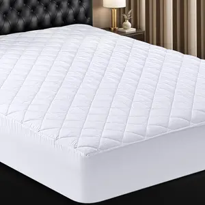 Quilted Fitted Mattress Pad, Queen Size, Elastic Fitted Mattress Topper Protector and Cover with Deep Pocket Stretches up to 16 Inches, Machine Washable (White)