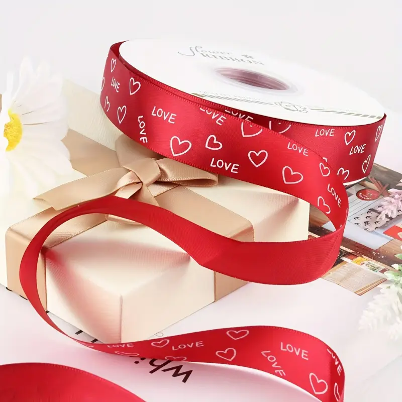 108-inch long love printed ribbon, polyester ribbon, suitable for Valentine's Day, DIY bow gift packaging, bouquet decorative ribbon.