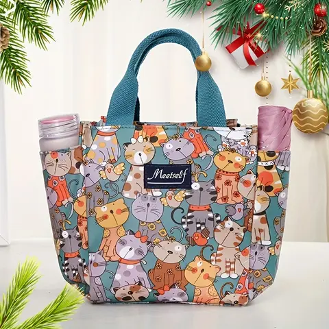 Women's Stylish Foldable Lunch Bag - Durable Handles, Fixed Shoulder Strap, Large Capacity Reusable, Vibrant Pattern, Casual for Office, On-the-Go Use, Lunch Packing Accessories