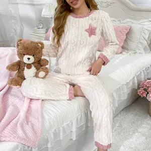 Women's Plush Pajamas Set Autumn Winter Thick Warm Loungewear Soft Comfy Sleepwear for Daily Home Use