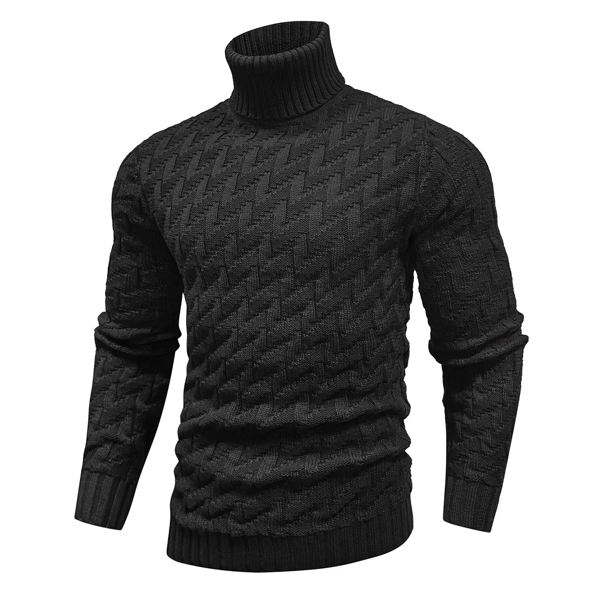 Men's Classic Slim-Fit Mock Neck Textured Herringbone Knit Longsleeves Clothes, Polyester Menswear for Fall, Winter