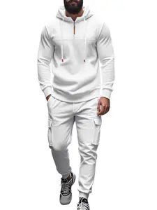 Two-piece men's solid color casual sportswear set, hoodie sweatsuit set, athleisure sweatsuit, streetwear tracksuit set, quarter zip hoodie, adjustable hat, multi-pocket sports pants, autumn and winter, suitable for daily travel, light exercise