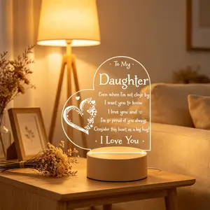 2D Flat Double Heart Acrylic LED Night Light for Daughter, Inspirational Quote Desk Lamp, Sentimental Birthday Graduation Christmas Easter Gift for Teen Girl Daughter from Mom Dad