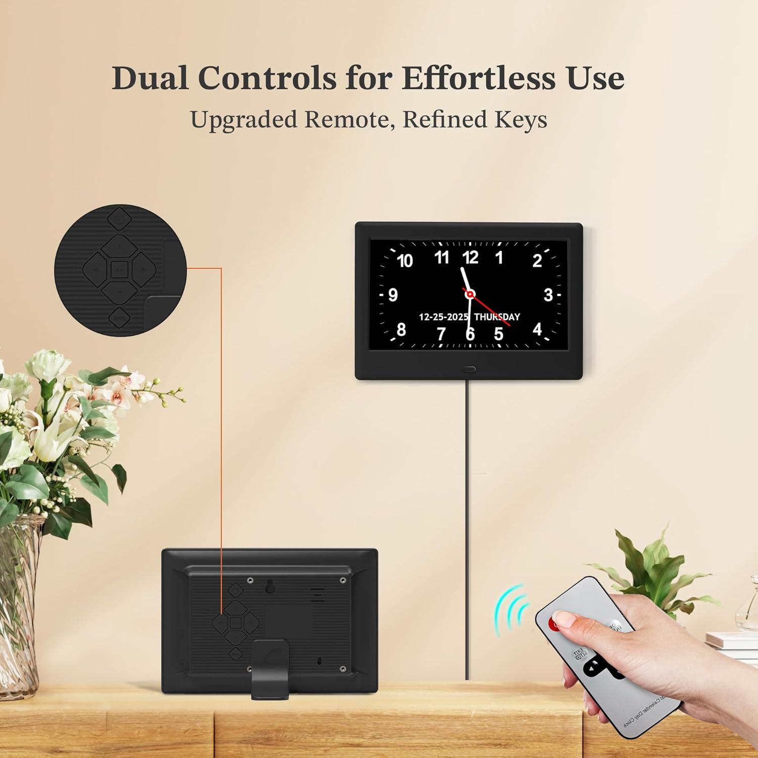 7'' Dementia Clock For Seniors, Large Display Digital Clock With Date, Time, Day Of Week for Elderly, Memory Loss, Alzheimer, 1024*600P HD, 10 Reminders & 6 Alarms, Auto Dimming & DST, Remote Control