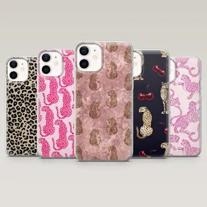 Coquette Pink Cheetah & Cherry Phone Case for iPhone 17 16 15 14 13 Pro Max Plus, Leopard Print Aesthetic Cover, Preppy Girly Gift for Her.
