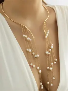 Faux Pearl Decor Tassel Chain Cuff Necklace for Women & Girls, Fashion Jewelry for Party, Daily Clothing Decor, Trendy All-match & Exquisite Jewelry for Birthday Gift, Fashionable Jewelry Accessories