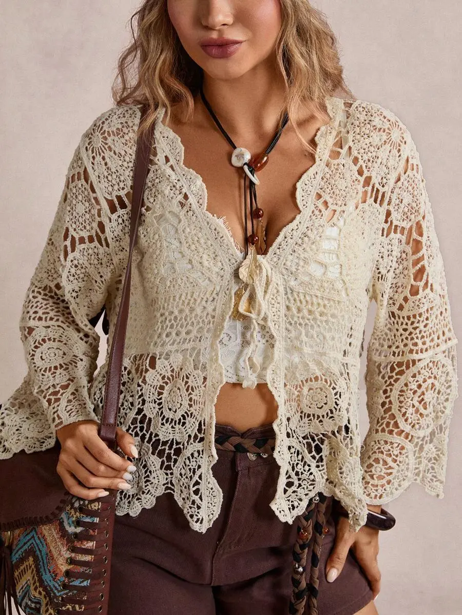 LUNA LAYER Plus Size Women's Solid Color Front Tie Hollow Knit Cardigan Beige