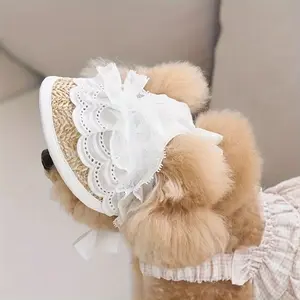 Lace-Trimmed Straw Sun Hat — Adjustable Pet Hat with Chin Strap and Cord Lock for Dogs and Cats