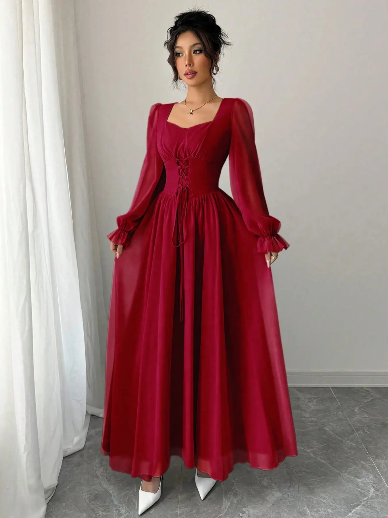 knee length dresses for ladies Wine Long Sleeve Maxi Dress