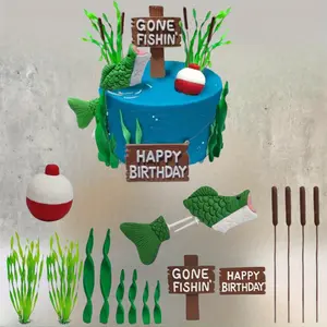 Gone Fishing Happy Birthday Cake Topper, Fisherman Themed Birthday Party Decoration for Retirement Party Supplies Ornaments