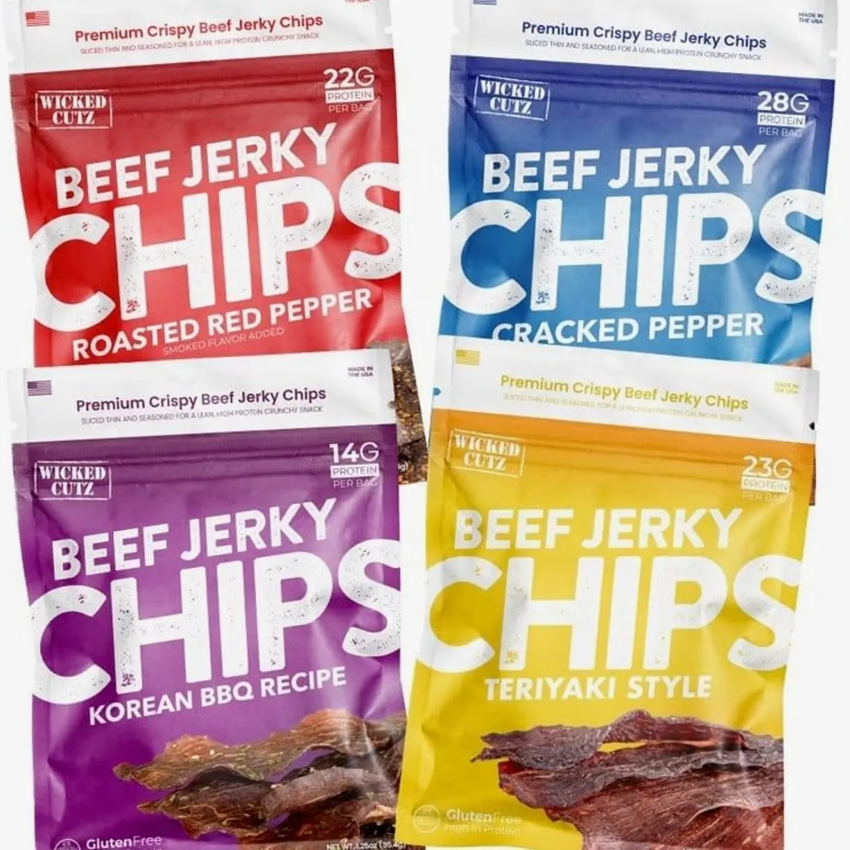 Wicked Cutz Jerky Chips Variety Pack, Up to 28g Protein Per Bag, Cracked Pepper, Teriyaki, Roasted Red Pepper, & Korean BBQ Flavored Beef Jerky Crisps, USA Made High Protein Carnivore Snacks (4 Bags)