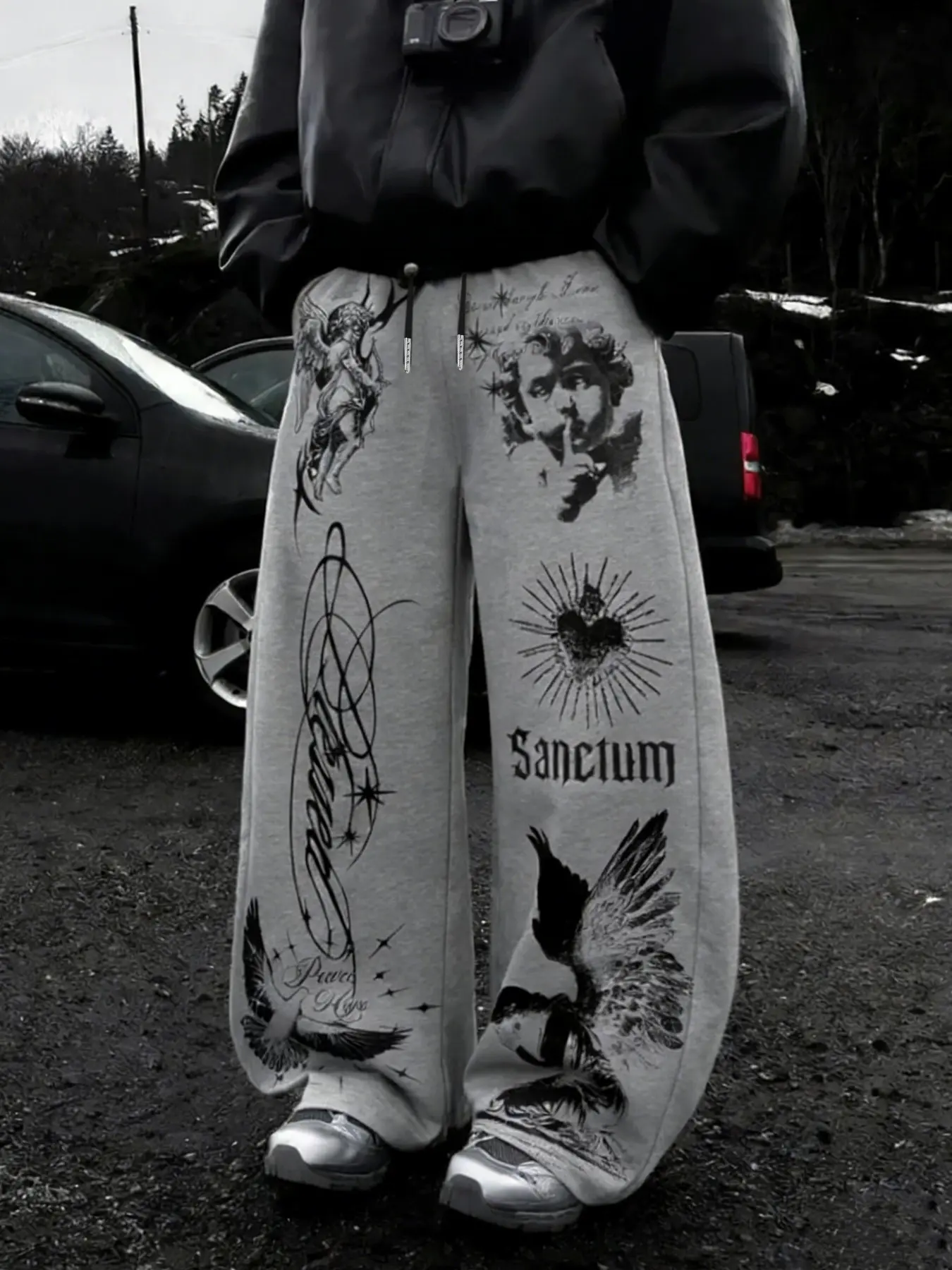 Men's Gothic Graphic Full Print Wide Leg Baggy Pants - Oversized Opium Core Streetwear Trousers, Vintage Religious Print Loose Fit Sweatpants for High Street Fashion & Club Outfits