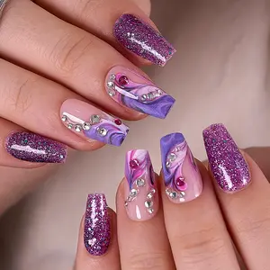 Violet Sparkle Press On Nails | CurvLife Nail | 30pcs Medium Coffin Fake Nails | Glossy Finish with Glittery Violet Swirls & Shimmering Tones | Easy to Apply, Comfortable & Long-Lasting | Great for Parties, Dances, Galas & Fashion Celebrations