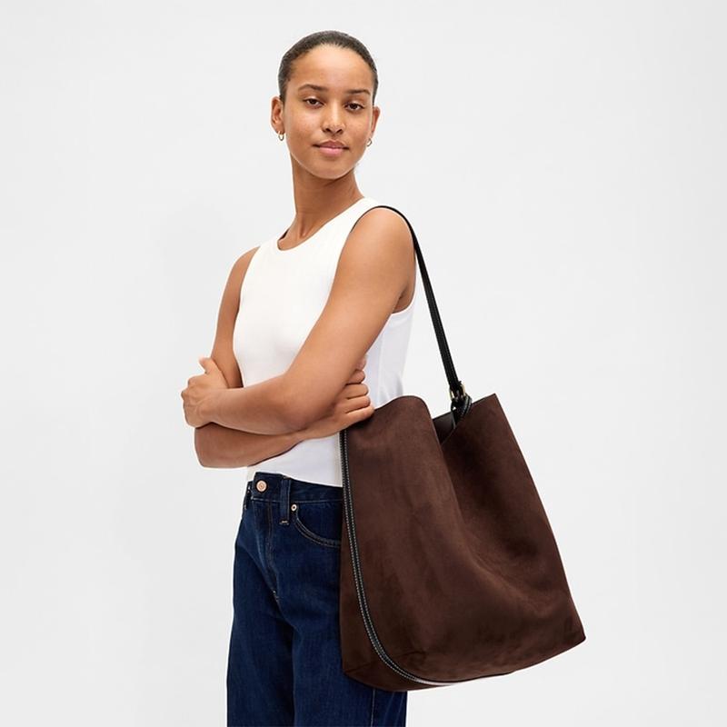 GAP Vegan Suede Bucket Bag with Shoulder Strap Inner Pockets & Zippered Mini Bag for Everyday Use 11.5 L x 8.5 W x 14.5 H - Closet Storage System