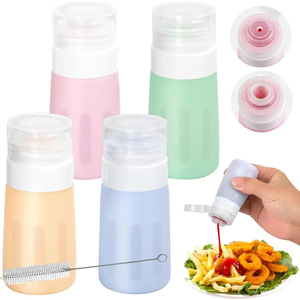 Women's 4-Piece Refillable Kitchen Silicone Condiment Squeeze Bottle Set - 2 Oz Thick Smooth Leakproof Dispensers with Brush, Wide Mouth, Shaker-Compatible, Portable for Ketchup, Seasoning, Lunch Travel
