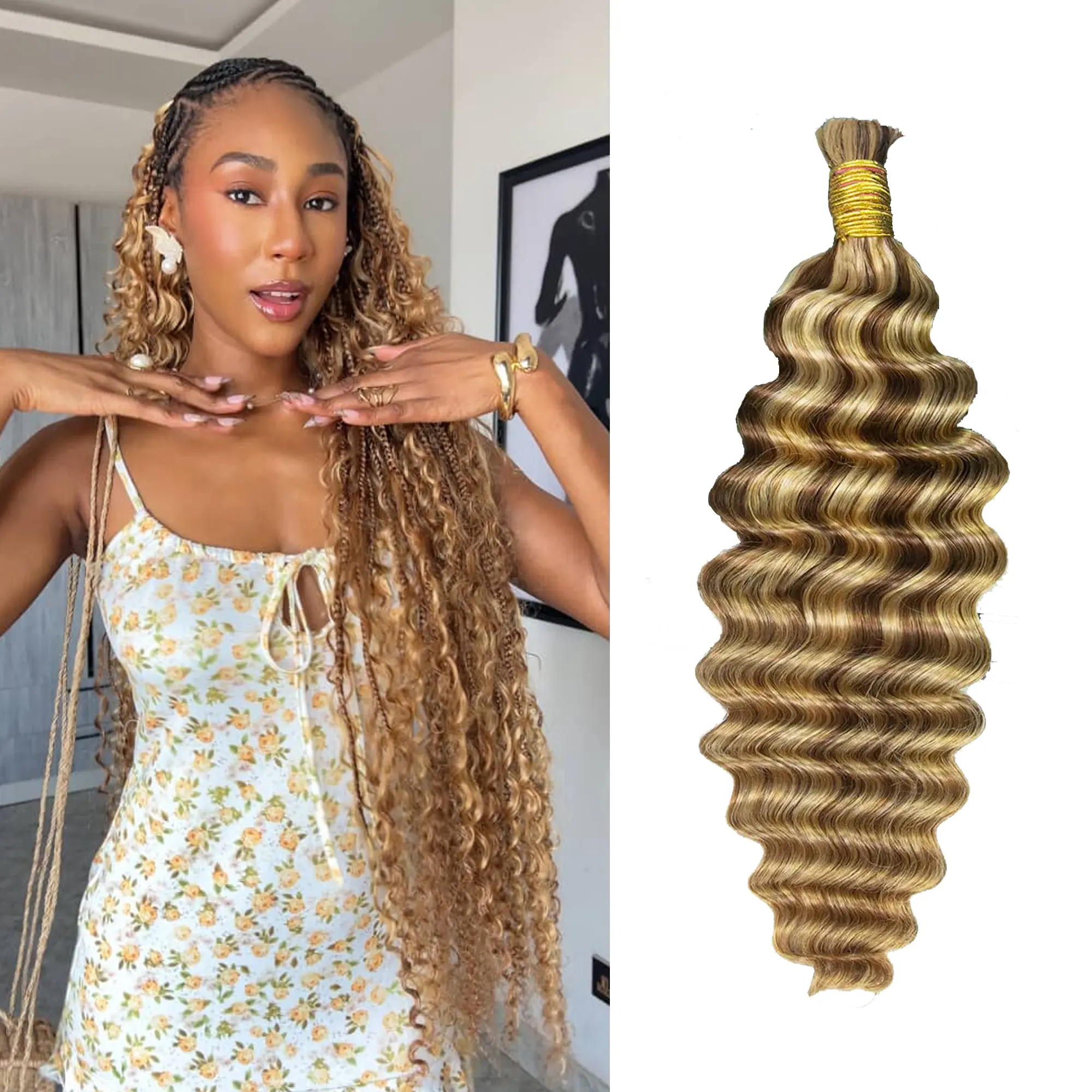 YWIGS Deep Wave Bulk Human Braiding Hair for Boho Braids Natural Human Hair for Boho #27/30/613, #4/27/30 #DealsForYouDays @spotlightday