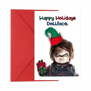 1 Chucky Holiday Card: "Happy Holidays Dollface" – Iconic Horror Doll + Elf Hat, Spooky-Festive Vibe, Bold Red/Green Accents. Premium Paper, Perfect for Horror Fans. Edgy, Playful Style to Add a Twisted Twist to Your Holiday Greetings!