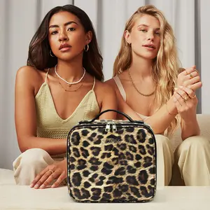 【Regular Size】Makeup Bag with LED Mirror, 3 Color Light Settings, Rechargeable Cosmetic Organizer Case for Women, Leopard Pattern, 2000mAh Battery, 10X Magnifying Mirror, Durable PU Leather，Valentine’s & Mother’s Day