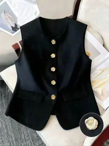 Elegant Women's Button Vest Top, Sleeveless Slim Fit Cropped Cardigan, Casual Plain Design for Spring & Fall, Perfect for, Parties, Daily Wear