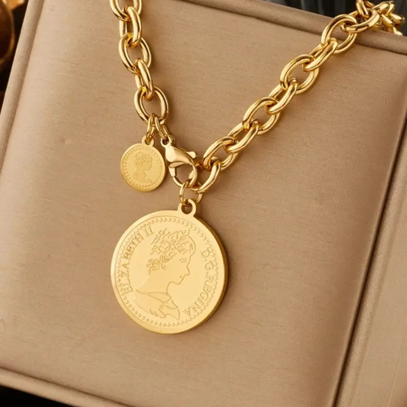 1Pcs New Stainless Steel Gold Color Hip Hop Round Portrait Coin Chain Link Necklace For Women Fashion Trend Neck Chain Exquisite Jewelry Gift Joyas Fashion Accessory Necklace