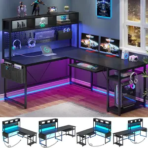 SEDETA Modern L-Shaped Gaming Table with Power Outlet & Reversible Pegboard Computer Desk with LED Lights Keyboard Tray & Storage Pocket Gamer's Table Corner Desk