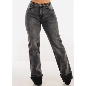 Stretchy High Waist Cuffed Wide Leg Jeans Black Acid Wash