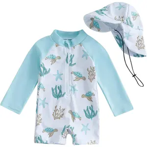 F-CPA41  Toddler Infant Baby Boy 4th of July Swimsuit Newborn Rash Guard Boys Girls One Piece Zipper Bathing Suit Swimwear with Hat