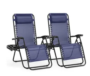 2PCS Zero Gravity Patio Recliner, Textilene Folding Lounge with Adjustable Pillow & Cup Tray, Blue