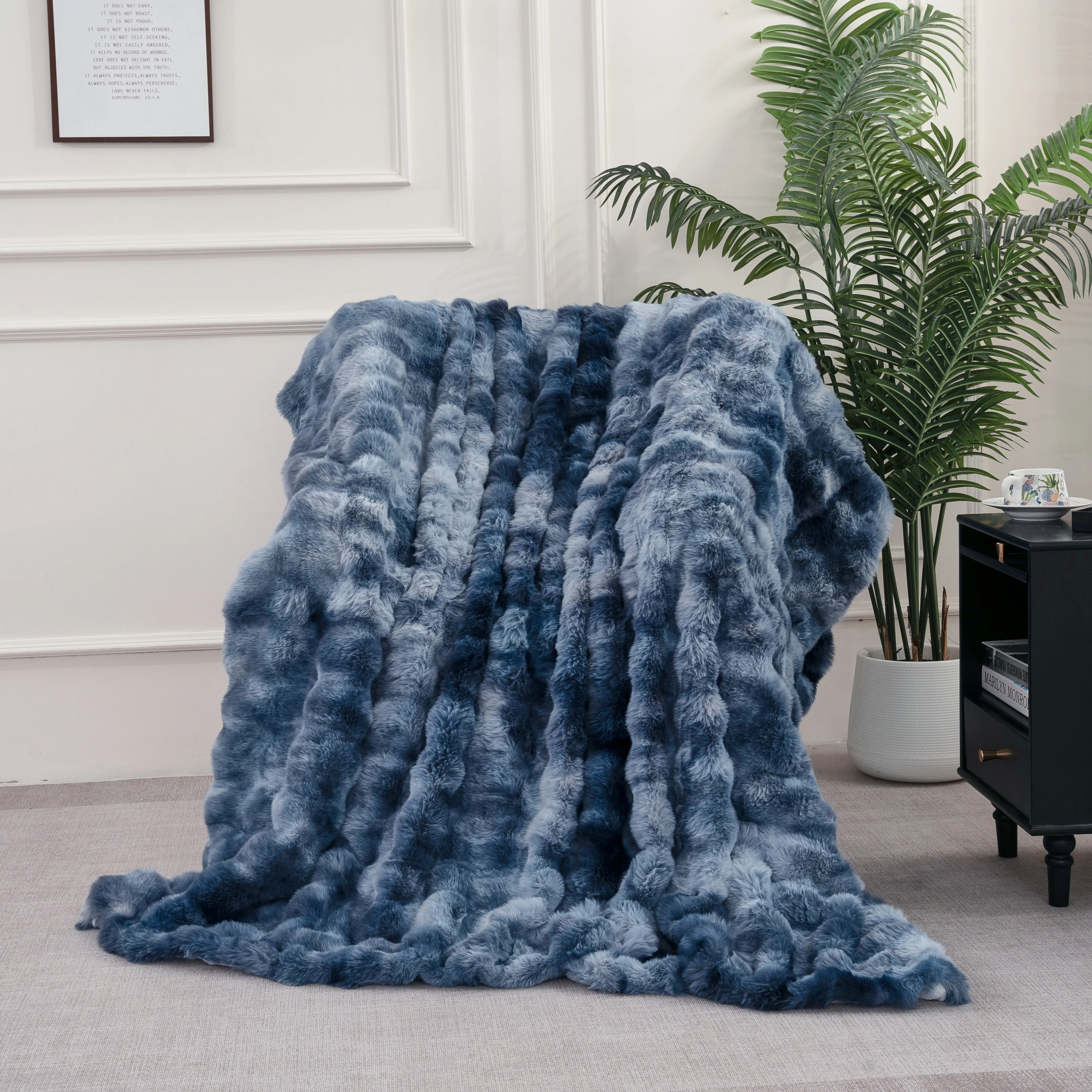 H&D Plush Throw Blanket, Faux Fur Style Double-Sided Cozy Blanket for Couch, Sofa, Bed and Bedroom, Dark Blue and Neutral Colors, Multiple Sizes