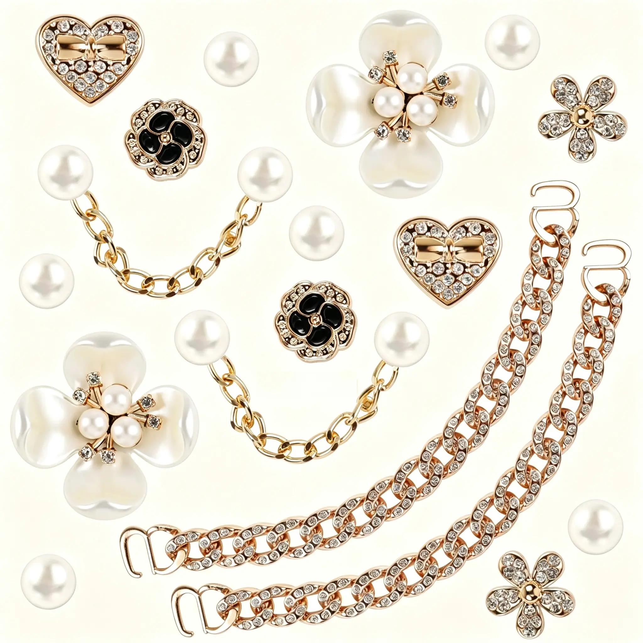 18-Pc Elegant Shoe Charms for Women, Sparkling Pearl-Crystal Flower & Chain Clog Accessories, Lightweight Party Favors, Clog Shoe Decorations, Shoe Charms Set