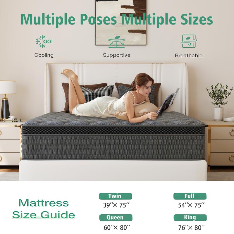 12/14 Inch Twin Full Queen King Mattress Individual Pocketed Coil & Memory Foam Hybrid Medium Firm Lumbar Support Orthopedic Design For Home Bedroom Hotel Boxed Mattress Holiday Gift Modern Furniture Ergonomic Sleep Solution