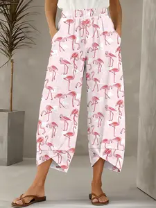 Women's Peacock Print Capri Pants, Elastic Waist Wide Leg Cropped Jeans, Cute Style with Pockets and Asymmetrical Hem