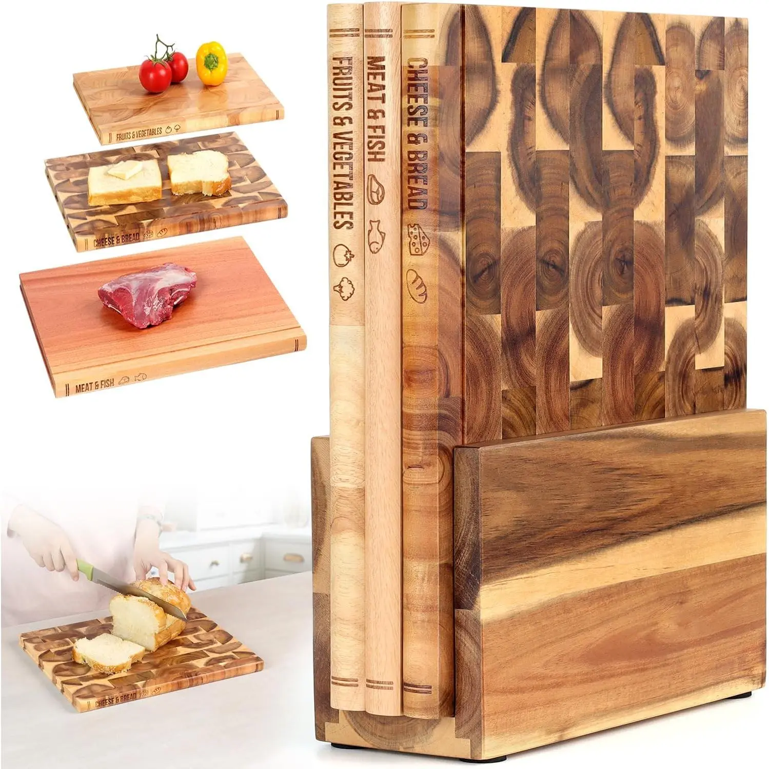 Book Cutting Board Set of 3 with Stand-The Cutting Board Library, Solid Wood Book-Shaped Boards for Serving & Display, Labeled Meat & Fish, Bread & Cheese, Fruits&Vegetables-Decorative Cutting Boards.