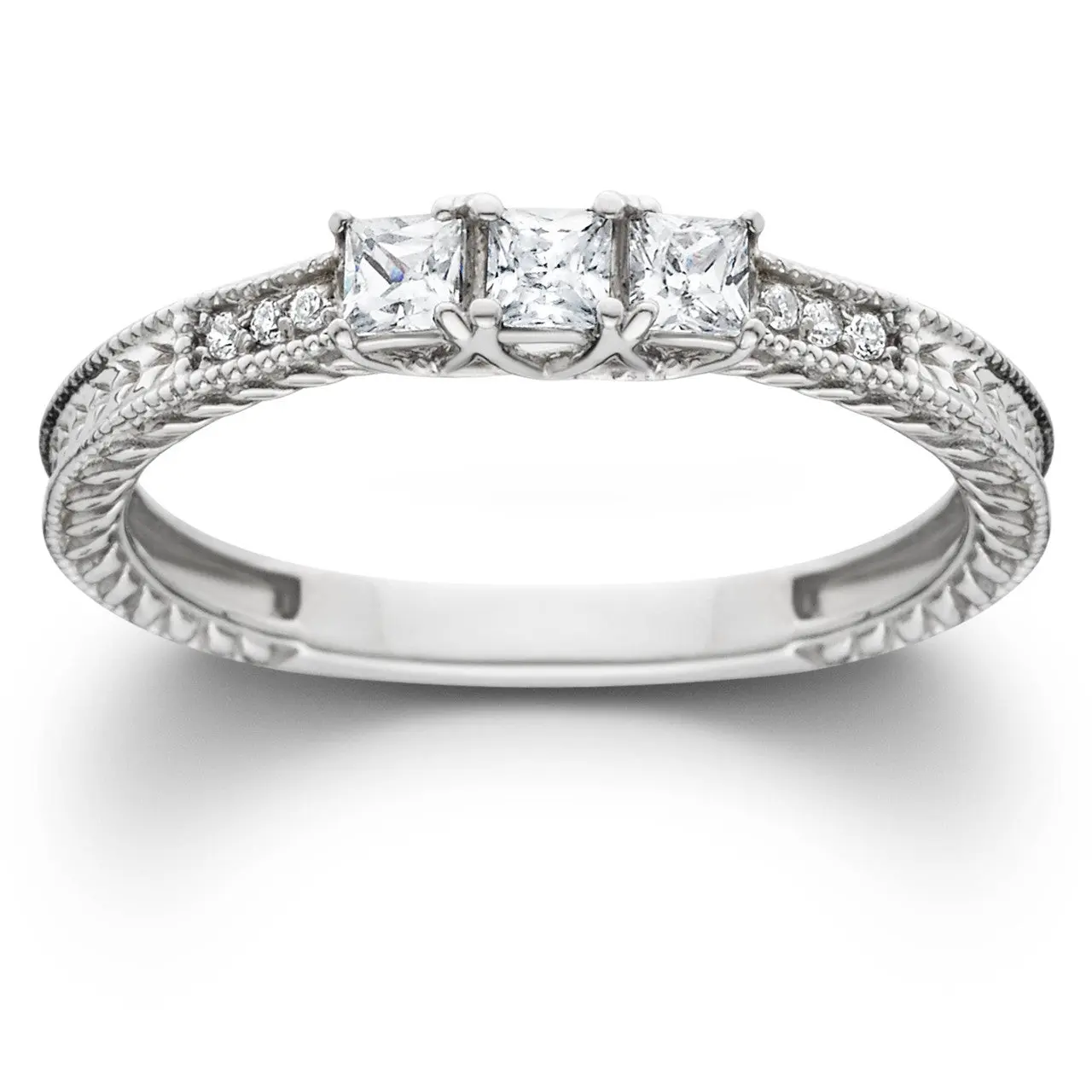 1/4ct Vintage Three Stone Princess Cut Diamond Engagement Ring 14K White Gold