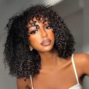 14 Inch Kinky Curly Glueless Bob Wig For Women 2x1 Lace Closure Wig Wear And Go 100% Human Hair Wig Easy To Install Bangs Natural Realistic Breathable