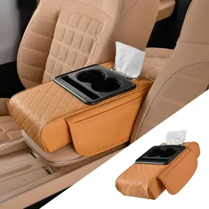 5-in-1 Car Center Console Pad Leather Armrest Pad with Cup Holder, Tissue Box Slot, Storage Bag, Phone Slot for Car Sedans (Quilted, Orange)