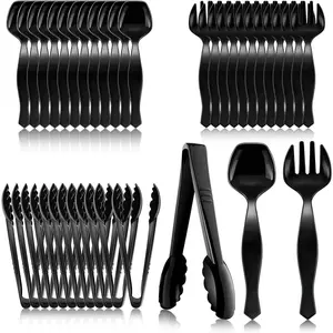 36Pcs Plastic Serving Utensils Set 9'' Large Disposable Serving Spoons Forks Tongs for Serving Food Heavy Duty Black Large Party Utensils Supplies for Buffet Restaurant Dinner Salad Noodles Soup