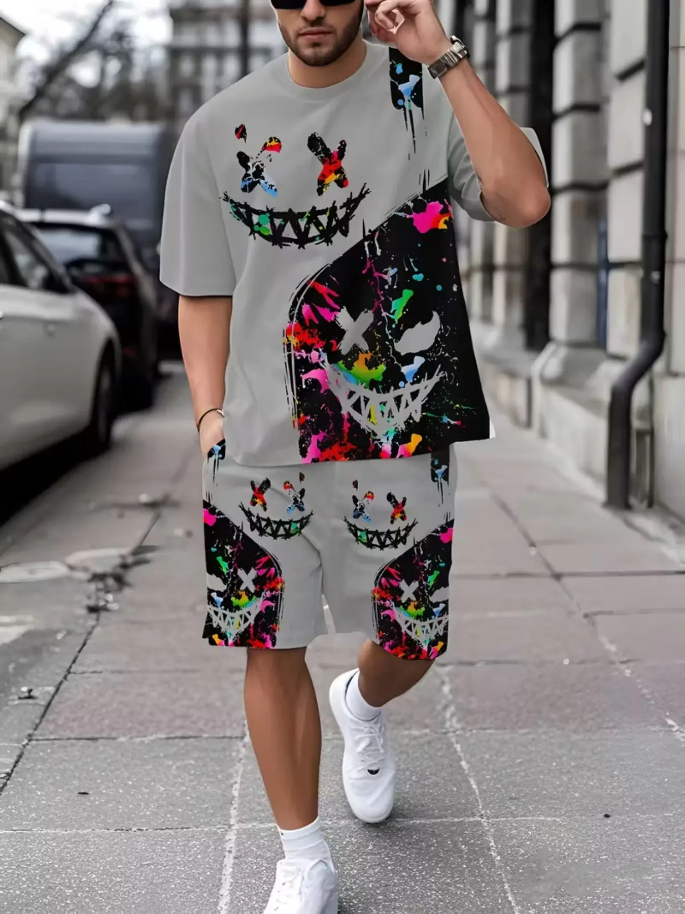 Summer Street Style Fashion Streetwear Tee Set, Two Piece Set, Menswear, All over Print Fitted Top & Shorts, Casual Round Neck No Button Collar Design, Perfect for All Seasons, Outfit