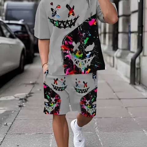 Summer Street Style Fashion Streetwear Tee Set, Two Piece Set, Menswear, All over Print Fitted Top & Shorts, Casual Round Neck No Button Collar Design, Perfect for All Seasons, Outfit