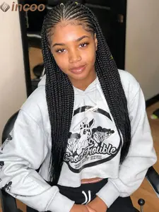 32 Inch Full Lace Knotless Box Braided Wig 1B Natural Black Tribal Cornrow Synthetic Hair African Hair Wig Synthetic Wigs Boho Braided Wig Daily & Events Party Holiday Hairstyle for Black Women #FullLaceWig #KnotlessBraids #LongBraidedWig