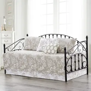 La Boheme Taupe White 6 Piece Quilted Microfiber Daybed Bedding Cover Set 75" x 39" with Bedskirt, Pillow Shams, Decorative Pillow, Rustic Shabby Chic Lightweight Coverlet Quilt Set