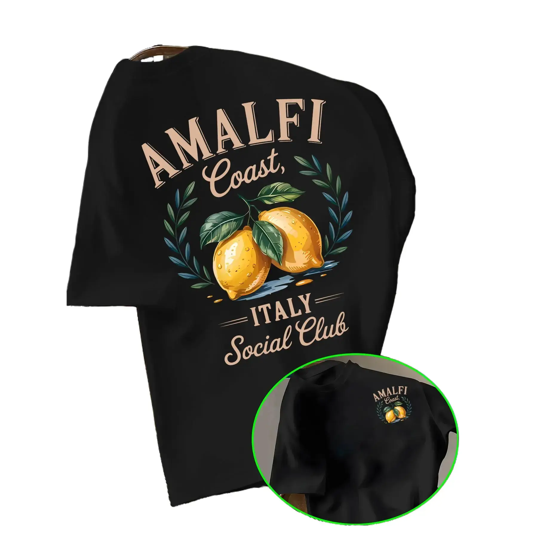 AMALFI COAST Themed Men's Classic Relaxed Fit Short-Sleeve T-Shirt - Breathable Fabric, Watercolor Lemon Illustration, Vintage Cursive Slogan Print, Italian-Inspired Oversized Casual Top, Shortsleeve, Unisex, Cotton, Loose, Streetwear, Tshirt, Round Neck,