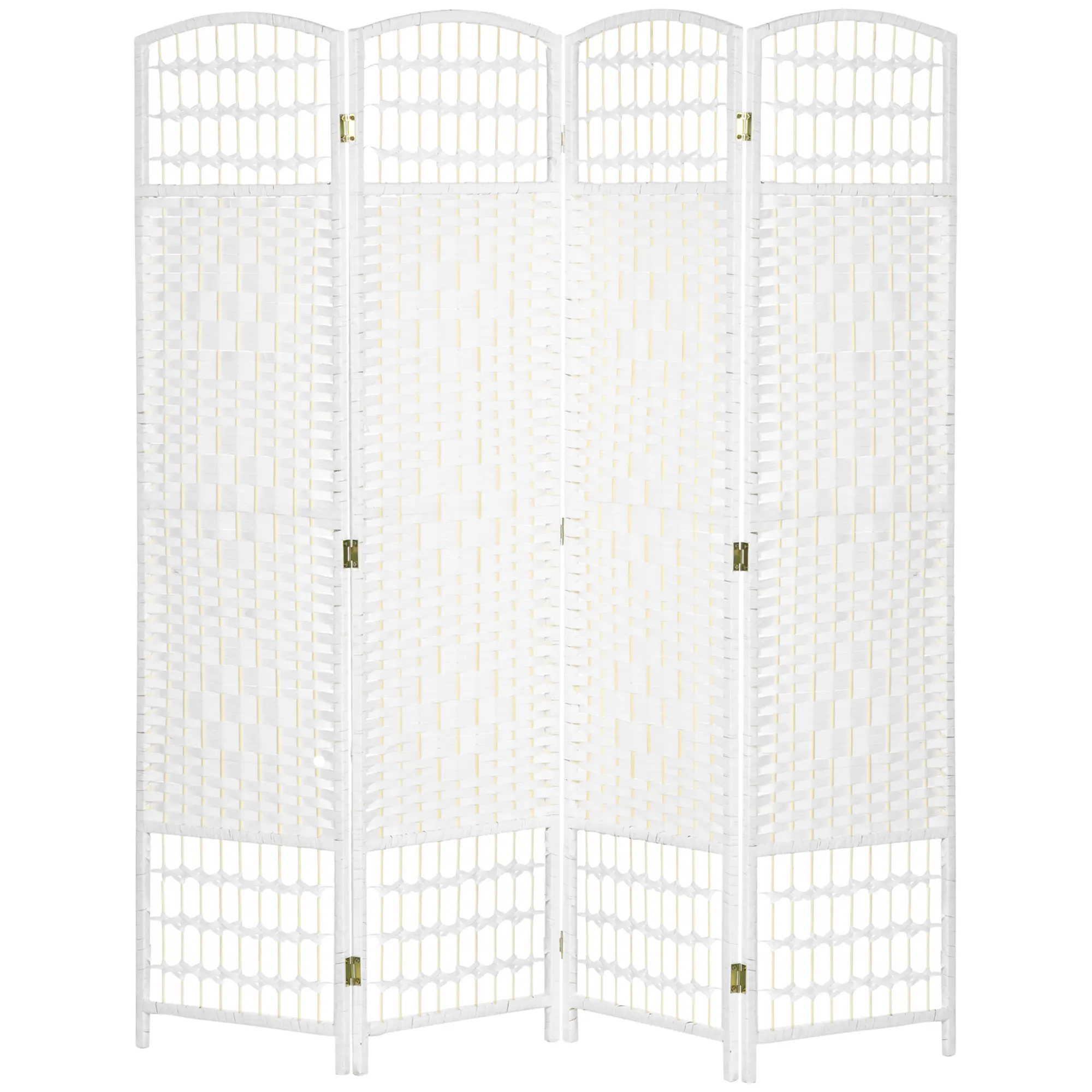 White Folding Room Divider 4 Panel Portable Privacy Screen with Natural Woven Wave Fiber Panels for Home Office Bedroom, Wood Frame Arched Top, Semi-See Through Design, Folds to 15.5“W, No Assembly, Great for Small Apartments and Open Layouts