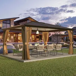 12'x16' Aluminum Frame Hardtop Gazebo - Outdoor Polycarbonate Roof Canopy, Permanent Pavilion with Curtains & Netting, Sunshade for Garden/Patio/Lawns, Brown