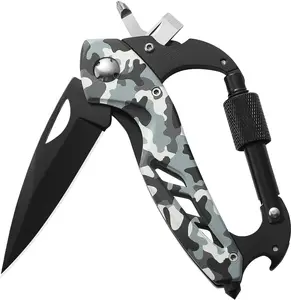 Carabiner Multitool 6-in-1 EDC Carabiners Pocket Knife, Window Breaker, Bottle Opener and Screwdriver,Camping and Mountaineering Survival Equipment for Everyday Carry, Gifts for Men Women（Camo）